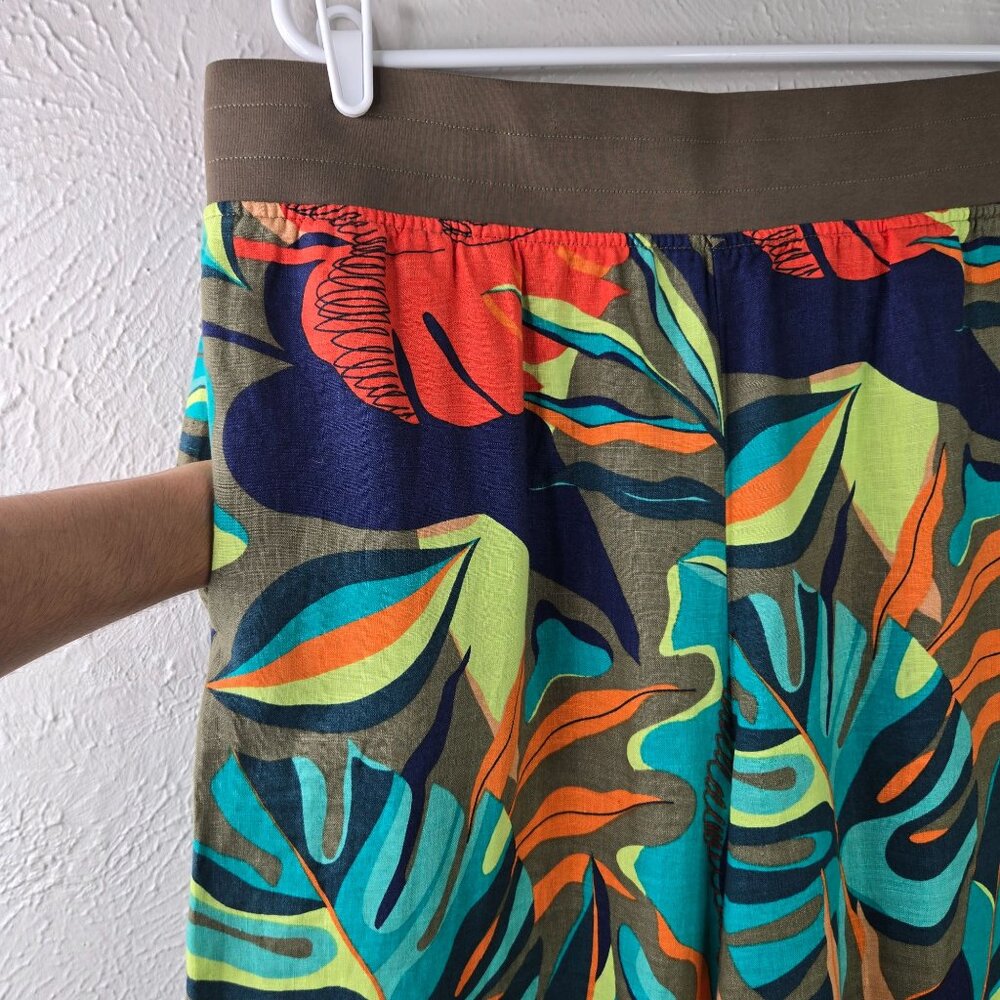 Soft Surroundings Wide Leg Linen Pants XL Tropical Print High Waisted Pull On - Picture 6 of 13
